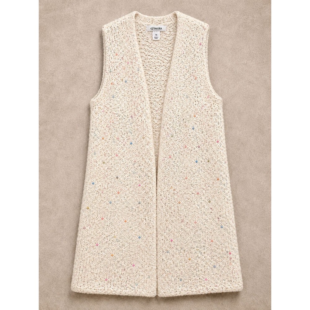 CJ Banks Womens 1X Cream Confetti Knit Longline Duster Cardigan Vest Open